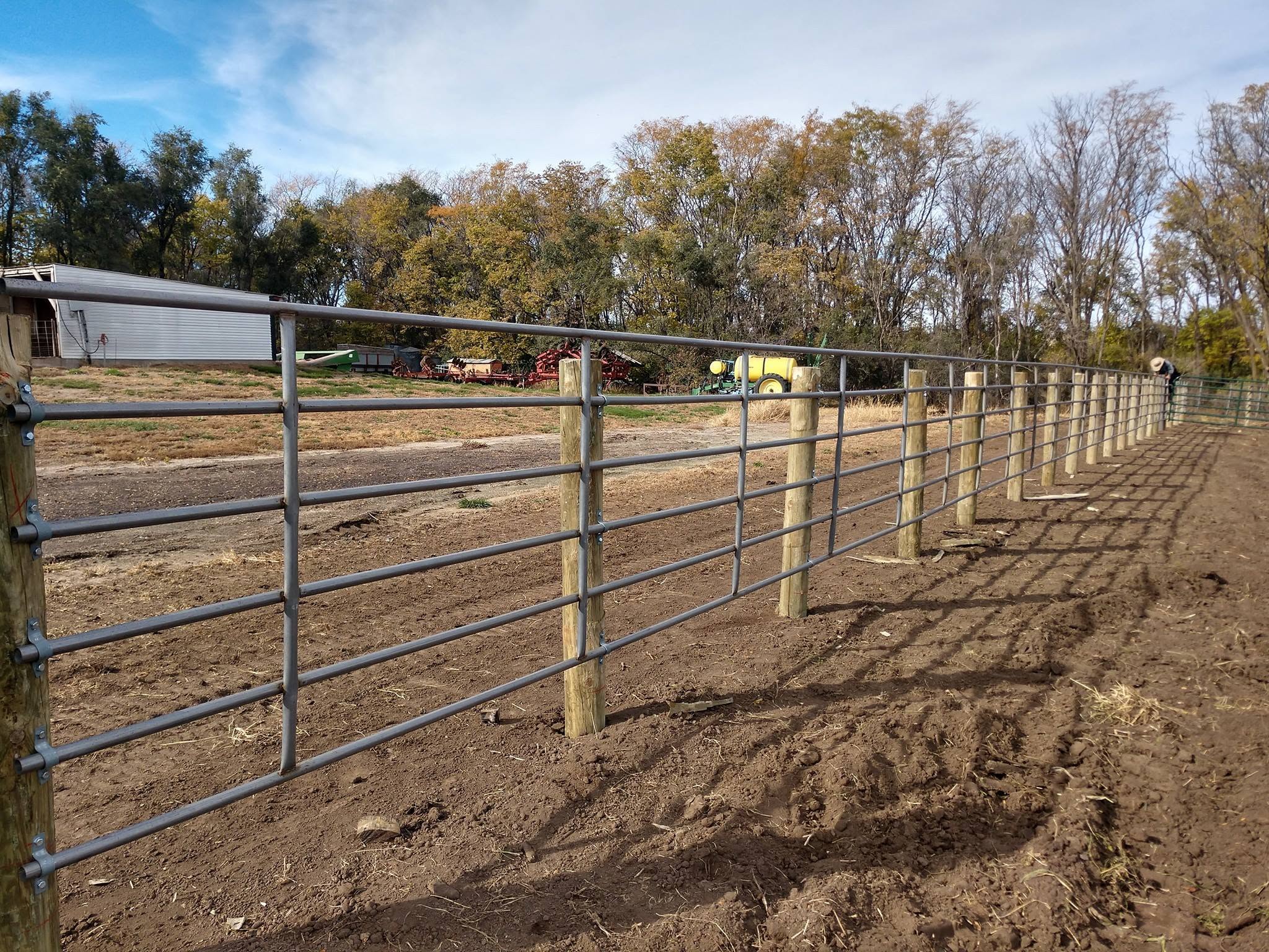 Five-rail continuous panel on wood posts along a farm drive