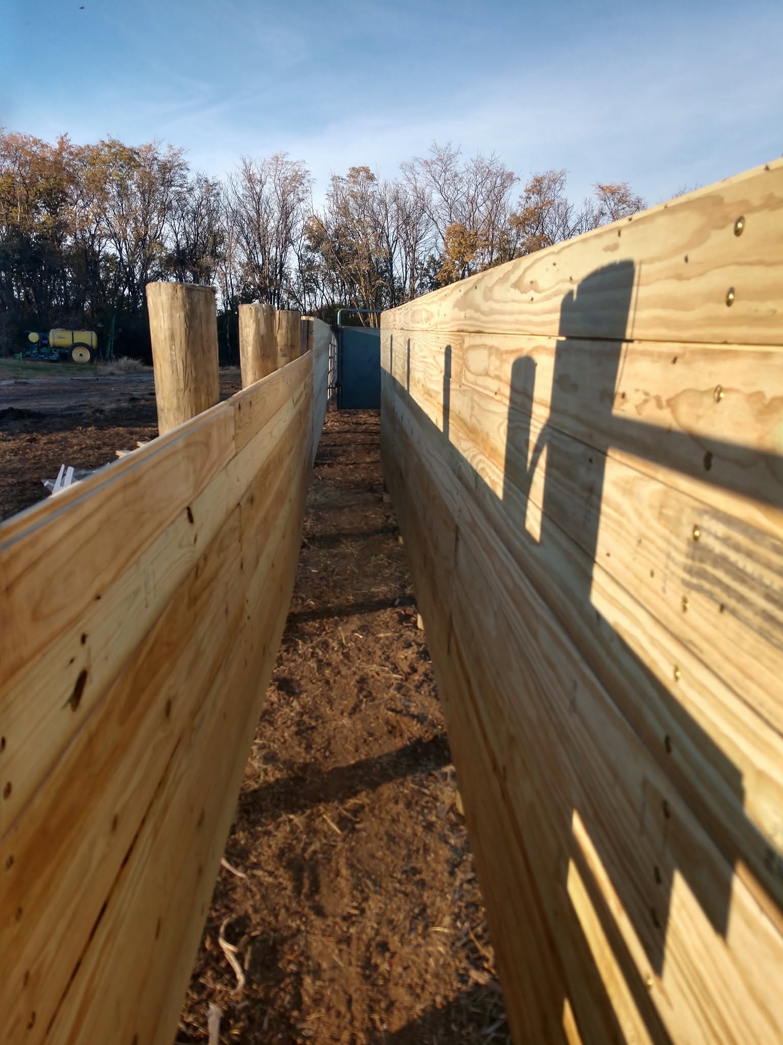 Looking down a freshly built board windbreak corridor on a Jim River Fencing feedlot job