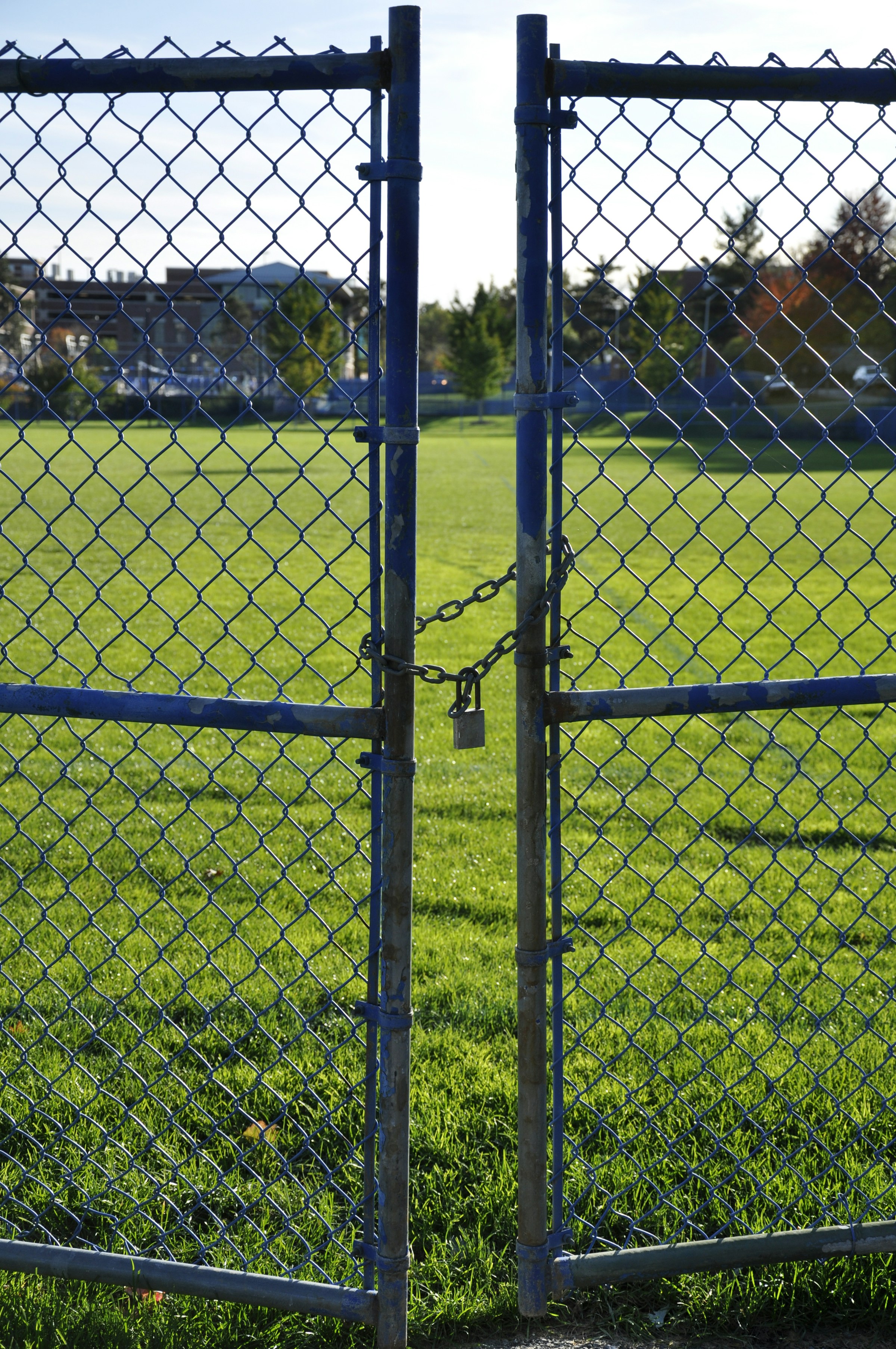 Chain-link double gate secured with a chain and padlock in front of a green field